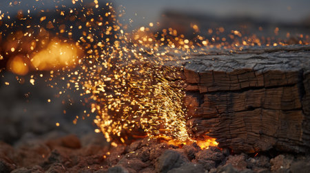 This striking close-up image captures the dynamic energy of sparks flying from a burning wooden log, showcasing vibrant colors and textures.の素材