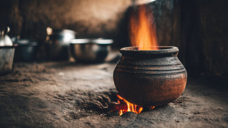 A beautifully crafted clay pot simmers over an open flame in a rustic kitchen, radiating warmth and a sense of traditional cooking heritage.の素材