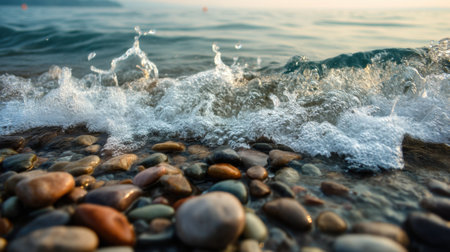 Calm waves crash gently against a pebble beach at sunrise, creating a serene scene of natureの素材