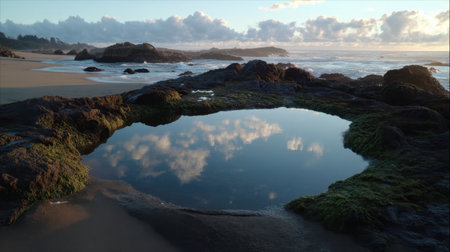 A tranquil beach scene showcases a tide pool surrounded by rocky formations, reflecting the clouds above during a stunning sunset.の素材