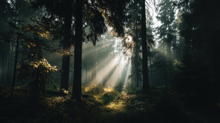 A mystical forest scene featuring sunlight filtering through tall trees and soft mist. The interplay of light and shadow creates a tranquil atmosphere, perfect for relaxation and exploration.の素材