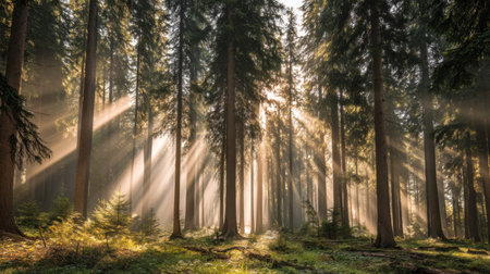 Captivating forest scene showcasing trees with sunlight streaming through branches, casting enchanting rays of light on the forest floor.の素材