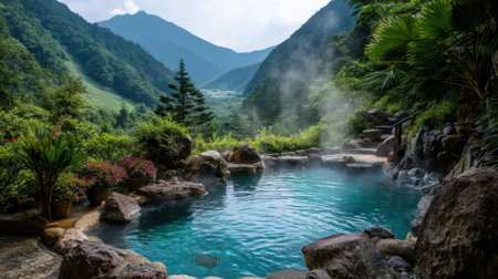 Discover a serene hot spring retreat nestled in a picturesque mountain landscape. Experience the tranquility of nature and enjoy rejuvenating relaxation in the clear blue water amidst the lush greenery and gentle steam rising into the air.の素材