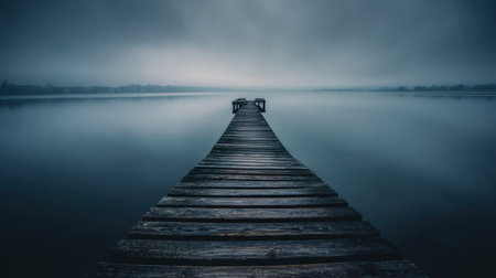 A tranquil wooden dock extends into a calm lake, shrouded in mist and fog, creating a serene atmosphere perfect for reflection and solitude.の素材