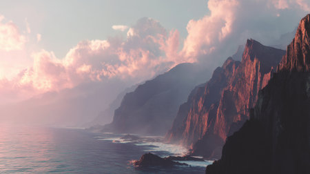 This captivating image showcases a coastal landscape at dusk, featuring stunning cliffs, colorful clouds, and a tranquil ocean, perfect for evoking peace and nature's beauty.の素材