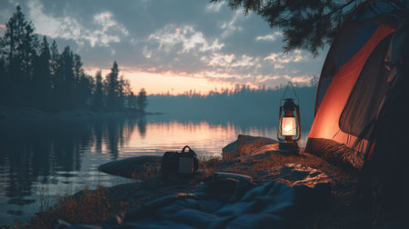 A calming camping scene at dusk by a peaceful lake, showcasing a tent, lantern, and serene natural surroundings. Perfect for outdoor enthusiasts.の素材