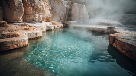 A stunning natural hot spring with crystal clear water and steam rising amid rocky formations, creating a tranquil and serene atmosphere perfect for relaxation.の素材
