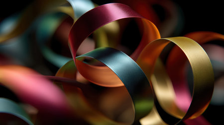 Colorful ribbons swirl gracefully against a dark backdrop, creating a visually striking composition ideal for festive events and creative projects.の素材