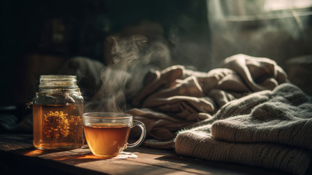 A tranquil morning scene featuring a steaming cup of herbal tea beside a jar of herbs on a weathered wooden table, surrounded by soft textiles.の素材