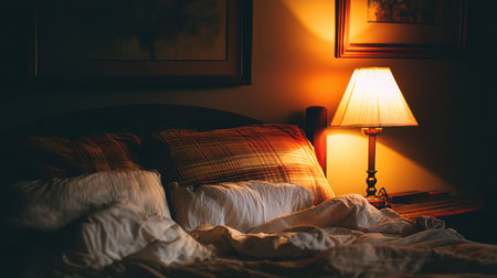 A cozy bedroom scene featuring a neatly made bed with pillows and a warm lamp light casting a soothing glow, inviting relaxation and peace.の素材