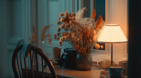 A serene interior setting featuring a vase filled with dried flowers, warm light from a lamp, and a rustic wooden table, exuding tranquility and charm.の素材