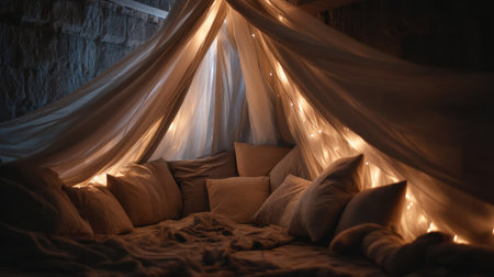Envelop yourself in a cozy indoor fort made with soft pillows and twinkling fairy lights, creating a warm atmosphere for relaxation.の素材