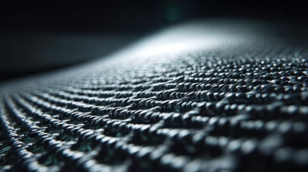 A detailed close-up image showcasing a textured surface with interwoven fibers reflecting light in a soft focus background, creating depth.の素材