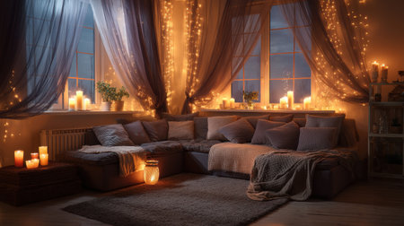 This inviting living room features soft textiles, warm candlelight, and twinkling fairy lights, creating a tranquil evening atmosphere perfect for relaxation.の素材