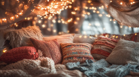 A cozy indoor blanket fort adorned with twinkling fairy lights creates a warm ambiance filled with colorful cushions, inviting relaxation and comfort.の素材