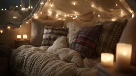 A charming indoor reading nook featuring an arrangement of soft blankets and cushions, illuminated by warm lights and candles. Ideal for relaxation.の素材