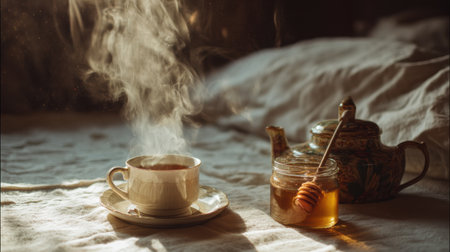 A serene scene featuring a steaming cup of tea and a jar of honey on a bedside table, bathed in soft morning light, perfect for relaxation.の素材