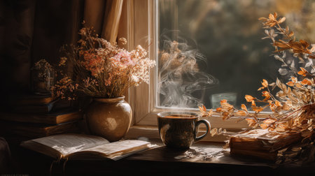 This cozy morning scene captures the essence of tranquility, featuring a steaming cup of coffee beside fresh flowers in a sunlit window with autumn decor.の素材