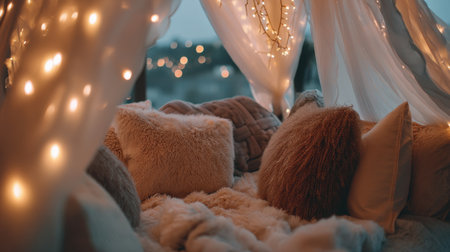 This inviting indoor fort features plush pillows and soft textiles adorned with fairy lights, creating a cozy atmosphere perfect for relaxation and fun.の素材