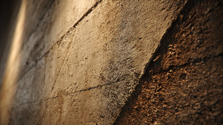 This close-up image highlights an intricately textured concrete wall, showcasing its rough patterns and the interplay of light and shadow that adds depth.の素材