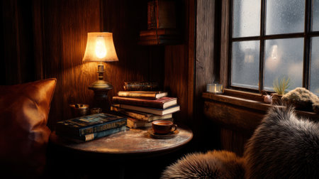 A warm and inviting reading nook featuring a lamp, books, and cozy textures next to a window on a rainy day, perfect for relaxation.の素材
