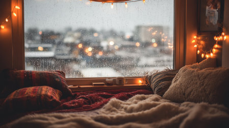 This intimate bedroom displays a cozy setup with soft blankets and twinkling lights, perfectly framed by a rainy window, creating a peaceful and warm atmosphere.の素材