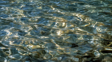 This image captures the tranquil beauty of a clear water surface, with sunlight creating stunning reflections and ripples, evoking a serene atmosphere.の素材