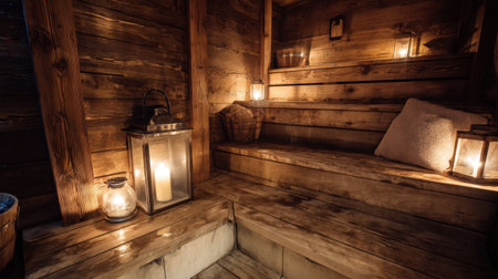 Experience tranquility in a cozy wooden sauna illuminated by warm lanterns and candles, perfect for relaxation and self-care in a serene setting.の素材
