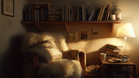 A serene reading nook featuring a soft chair, a warm lamp, and a beautifully arranged bookshelf creates an inviting atmosphere for relaxation.の素材