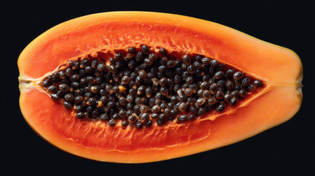 A vibrant and detailed close-up of a halved papaya, showcasing its bright orange flesh and characteristic black seeds against a dark backdrop.の素材