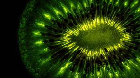 Discover the intricate details of a vibrant green kiwi slice showcasing its unique texture and seed patterns, perfect for culinary inspiration.の素材