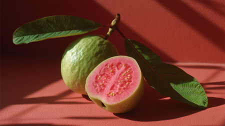 A stunning composition featuring a fresh ripe guava with its vibrant pink flesh exposed, complemented by green leaves, set against a softly lit coral background.の素材