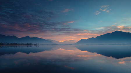 Experience the tranquil beauty of a serene lake at dawn, with majestic mountains and stunning reflections. The colorful sky enhances this peaceful atmosphere.の素材
