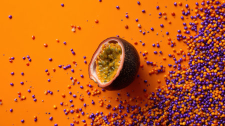 A beautifully arranged sliced passion fruit reveals its jewel-like inner texture, surrounded by vibrant candy sprinkles on an orange background.の素材