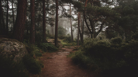 A serene pathway meanders through a misty forest, surrounded by tall pine trees and lush greenery, evoking a sense of tranquility and adventure.の素材