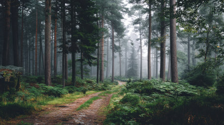 Discover a serene pathway winding through a misty forest, embraced by lush greenery and towering trees for a peaceful escape into nature.の素材