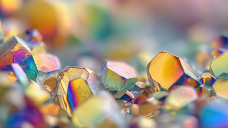 Discover the beauty of vibrant, iridescent crystal gems in this close-up image, showcasing their color and intricate reflections, perfect for artistic projects.の素材