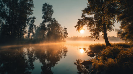 A serene sunrise casts a golden glow over a misty lake, framed by silhouetted trees. The calm waters reflect the soft morning light, creating a tranquil scene.の素材