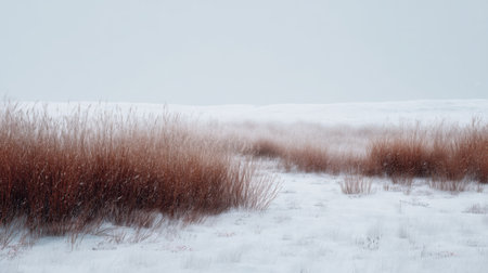 A tranquil winter landscape featuring bare grass and a snow-covered expanse, with soft gray skies enhancing the serene atmosphere.の素材
