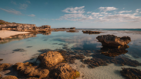 A stunning coastal landscape featuring tide pools and rocky formations under a clear blue sky. The serene environment invites exploration and relaxation.の素材