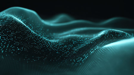 This abstract image features glowing waves adorned with digital particles against a dark backdrop, symbolizing technology and modern innovation.の素材