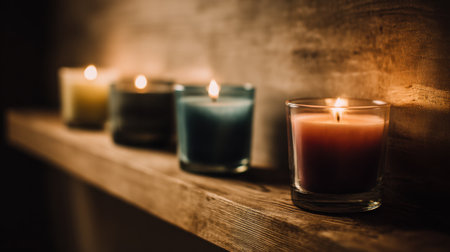 A serene arrangement of glass candles on a wooden shelf creates a warm ambiance, perfect for relaxation and enhancing a cozy indoor atmosphere.の素材