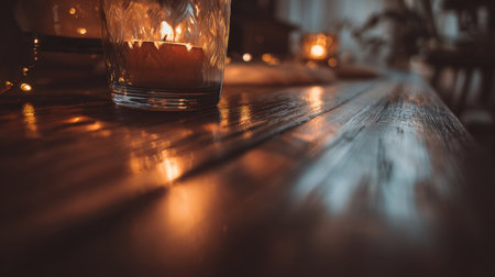 A close-up view of warm candlelight dancing on a polished wooden table surface, creating a cozy and inviting ambiance.の素材