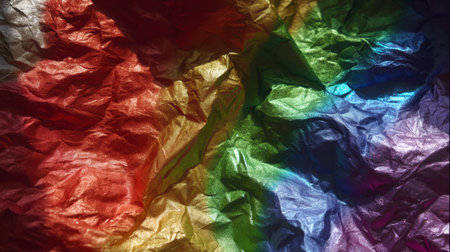 This image showcases a beautifully crumpled foil texture featuring a captivating array of rainbow colors that reflect and refract light, creating a vivid visual experience.の素材