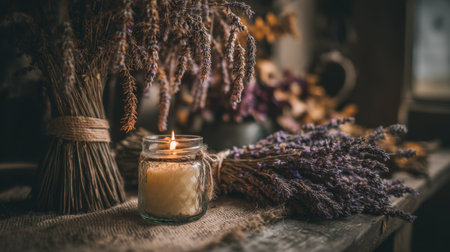 A rustic scene featuring bundles of lavender and a glowing candle, creating a warm and tranquil atmosphere perfect for relaxation.の素材