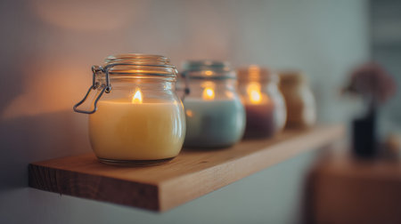 A serene arrangement of aromatic candles in jars placed on a wooden shelf creates a cozy and inviting atmosphere perfect for relaxation.の素材