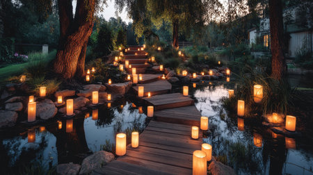 A serene garden scene at dusk featuring a wooden pathway adorned with glowing candles, creating a calming atmosphere beside still water.の素材