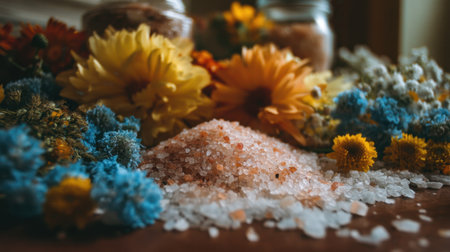 Discover a captivating still life featuring pink Himalayan salt surrounded by bright flowers, perfect for natural wellness and beauty visuals.の素材