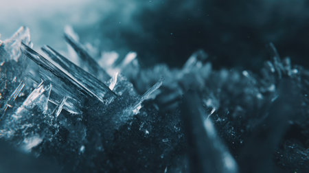This captivating close-up image showcases intricate crystalline structures in shades of blue, emphasizing their sharp details and abstract beauty.の素材