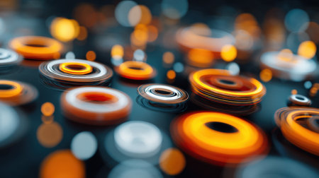 Vibrant abstract image featuring circular shapes illuminated by glowing orange lights against a dark backdrop. Ideal for modern design projects.の素材